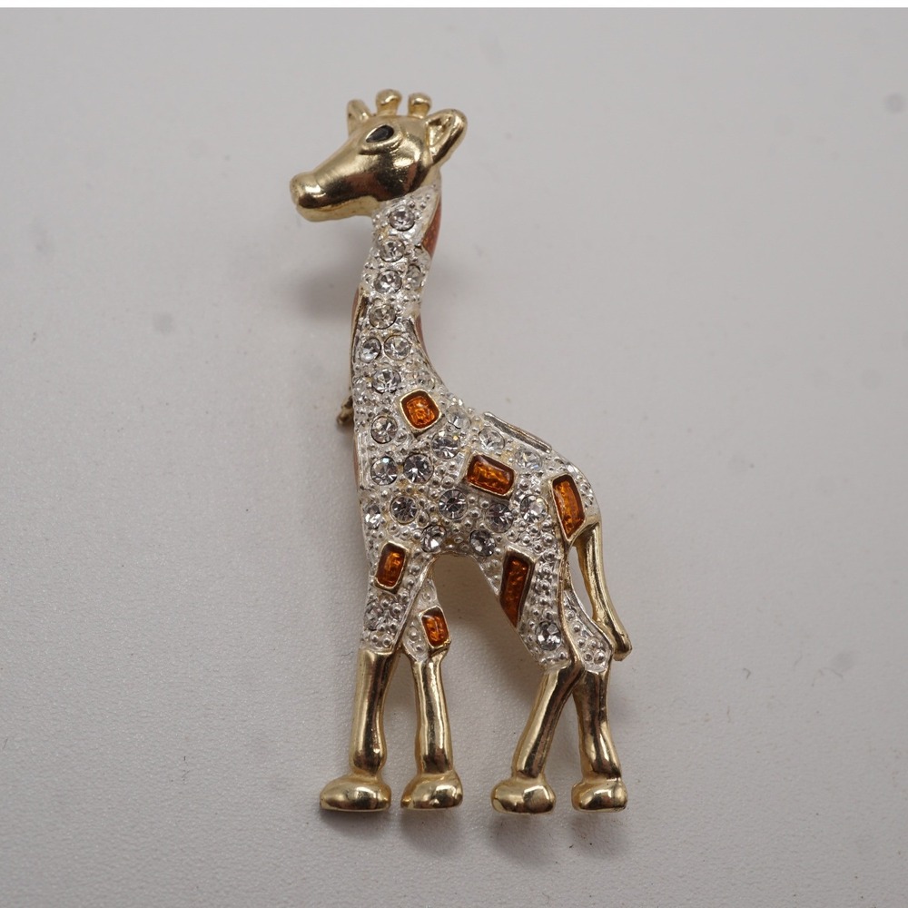 Roman Giraffe Brooch Gold Tone Rhinestone Amber Crystal Animal Figural Pin 2"